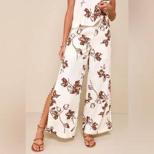 Confident Design Ivory and Brown Floral Bead Trim Wide-Leg Pants